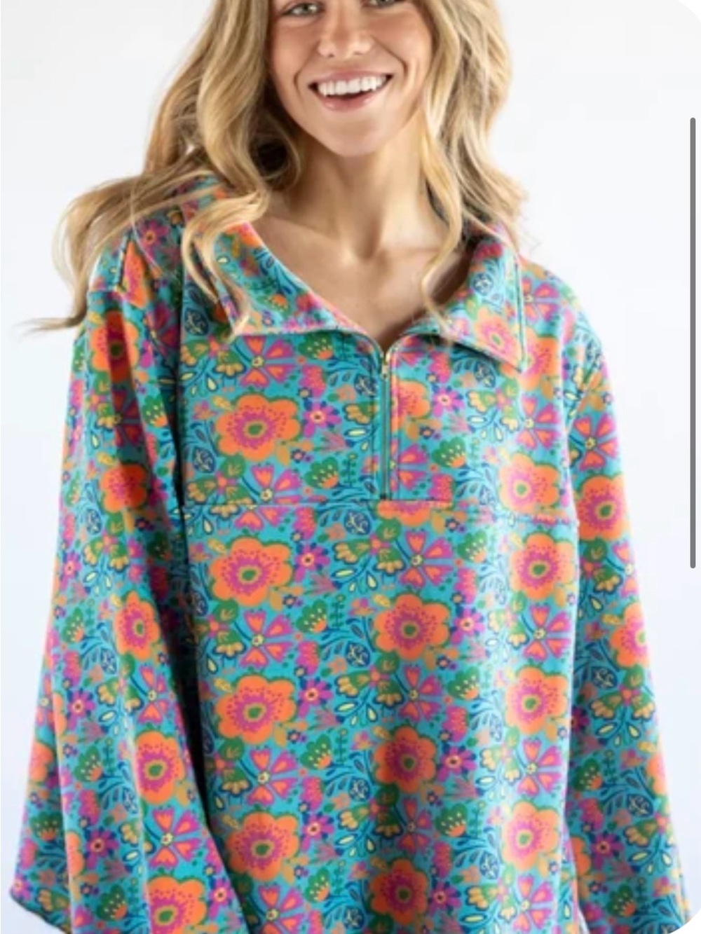 NATURAL LIFE Teal Floral Quarter-Zip Pullover - Picture 2 of 3
